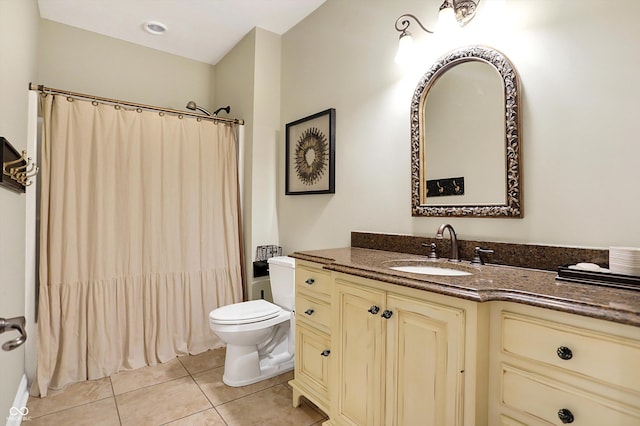 full bathroom with toilet, shower / bath combination with curtain, vanity, and tile patterned floors