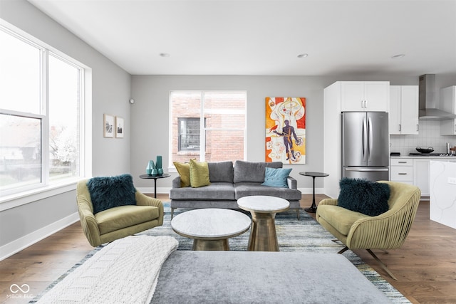 living room with dark hardwood / wood-style floors