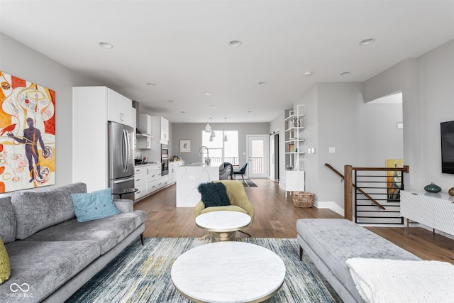 living room featuring dark hardwood / wood-style floors and sink