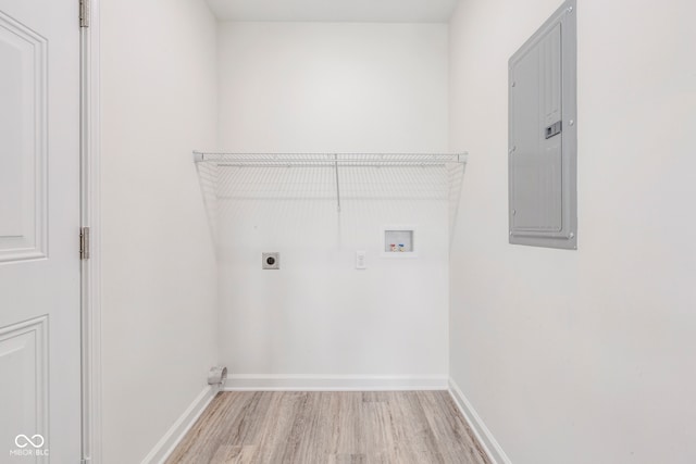 laundry room featuring hookup for a washing machine, electric panel, electric dryer hookup, and light wood-type flooring