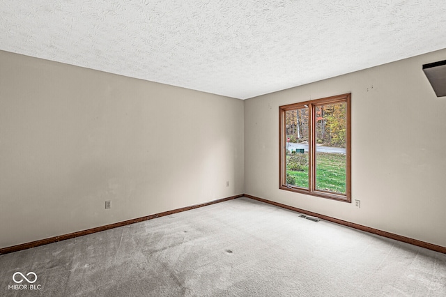 unfurnished room with carpet and a textured ceiling