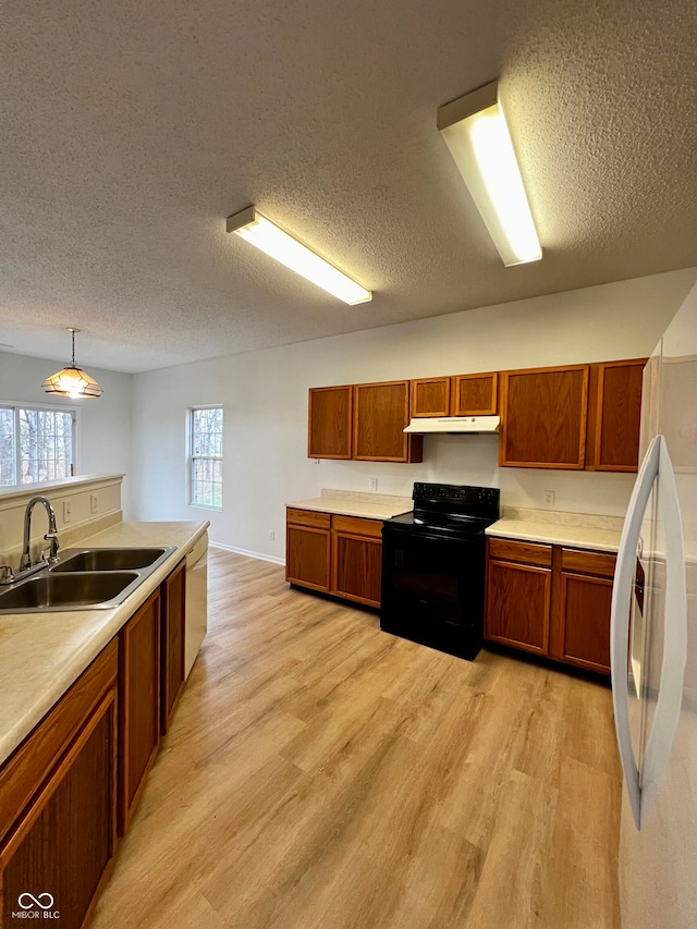 kitchen featuring decorative light fixtures, white appliances, sink, and light hardwood / wood-style flooring