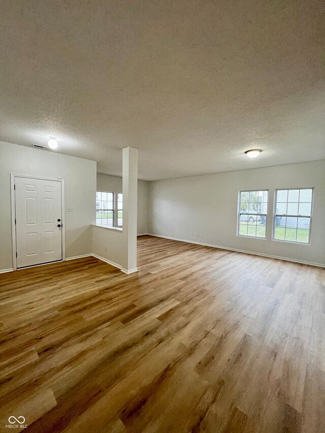 spare room with plenty of natural light, light wood-type flooring, and a textured ceiling