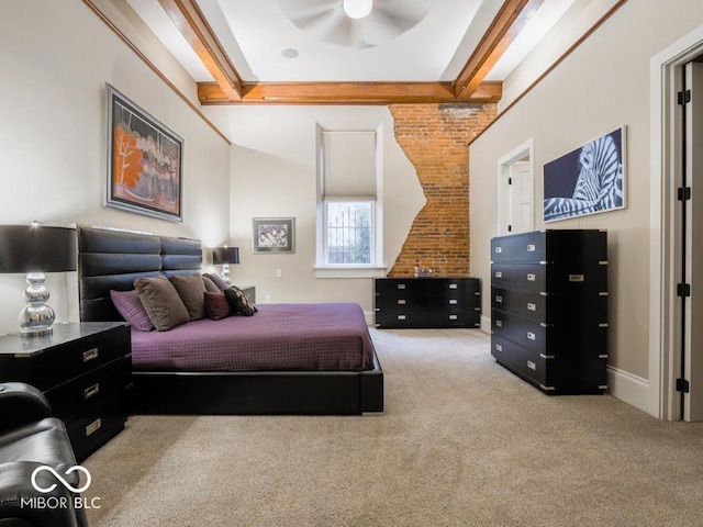 bedroom featuring carpet flooring, ceiling fan, beamed ceiling, and a high ceiling