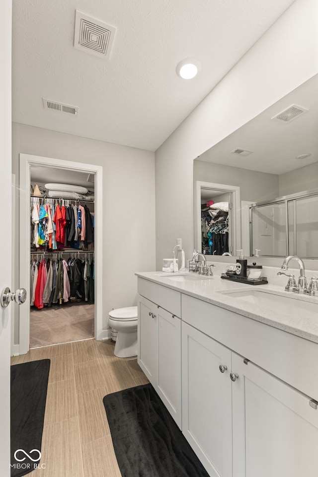 bathroom featuring vanity, a shower with shower door, a textured ceiling, and toilet