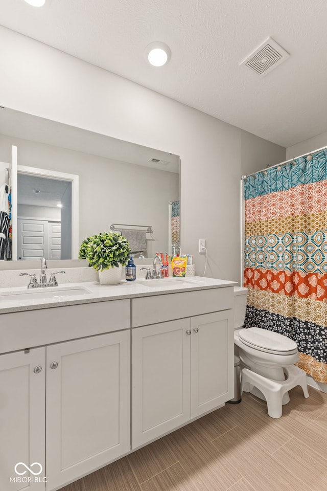 bathroom featuring vanity, a textured ceiling, and toilet