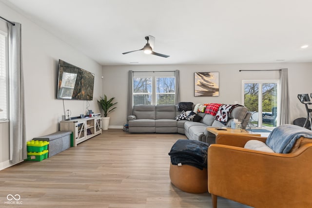 living room with ceiling fan, a wealth of natural light, and light hardwood / wood-style flooring