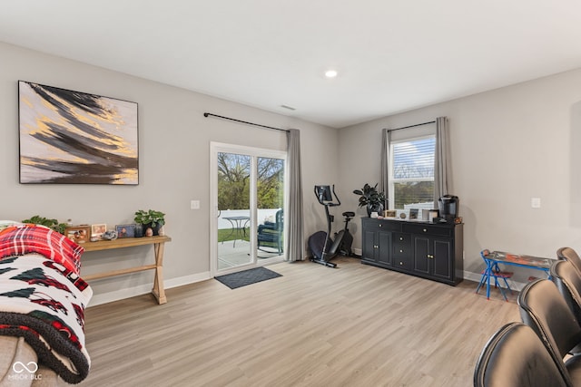 exercise area with light hardwood / wood-style floors and a wealth of natural light