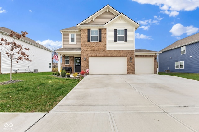 view of front property with a garage, a front lawn, and cooling unit