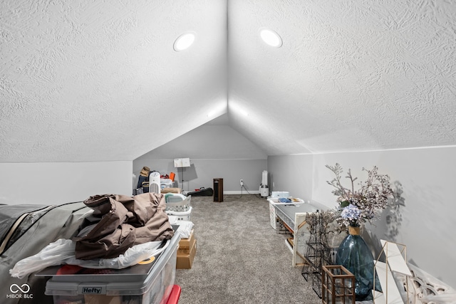 additional living space with carpet flooring, lofted ceiling, and a textured ceiling