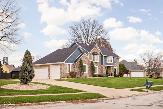 view of front of property featuring a front yard and a garage