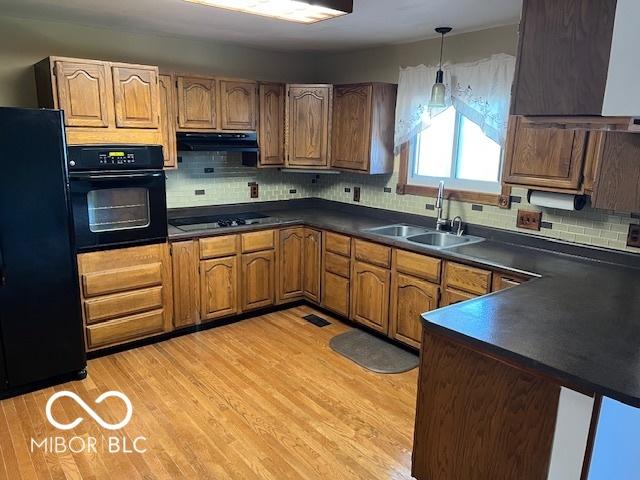 kitchen with decorative backsplash, sink, light hardwood / wood-style floors, and black appliances