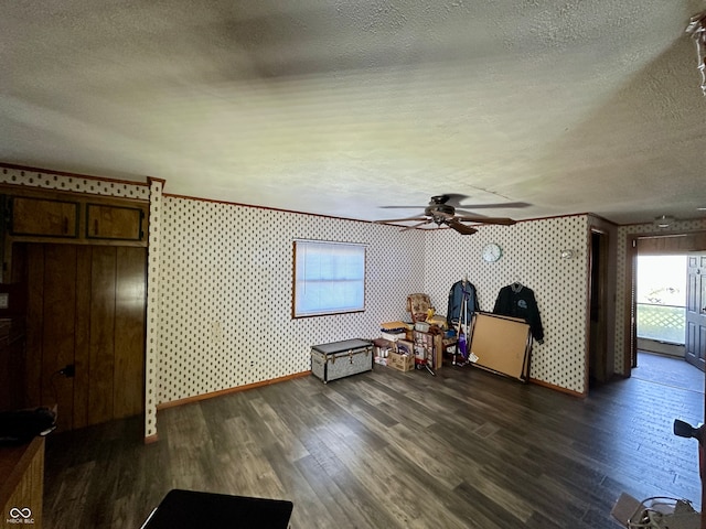 miscellaneous room with ceiling fan, dark hardwood / wood-style flooring, and a textured ceiling