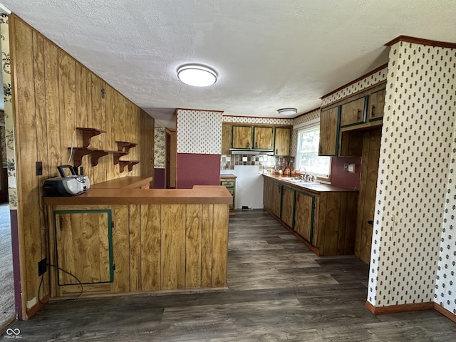 8418 S State Road 39, Clayton, IN 46118 - kitchen featuring a peninsula, dark wood-type flooring, a textured ceiling, a sink, and wooden walls