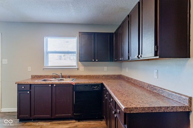 kitchen featuring light wood-type flooring, dark brown cabinets, black dishwasher, and sink