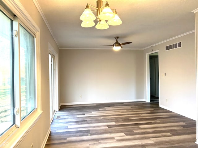 unfurnished room with crown molding, dark wood-type flooring, and ceiling fan with notable chandelier