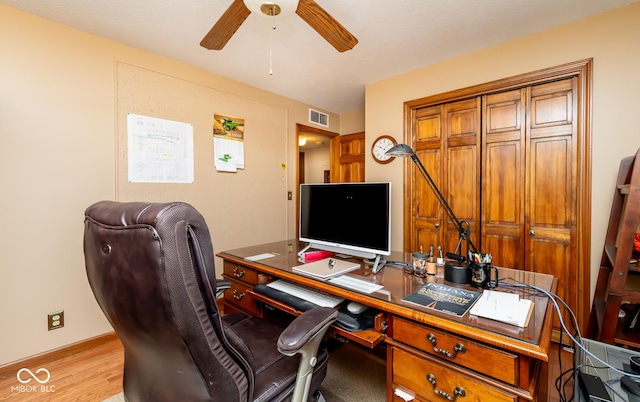 office featuring light hardwood / wood-style floors and ceiling fan