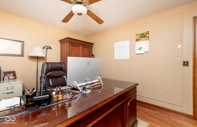 office space with ceiling fan and light hardwood / wood-style flooring