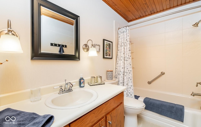 full bathroom featuring toilet, wooden ceiling, shower / bath combo, and vanity