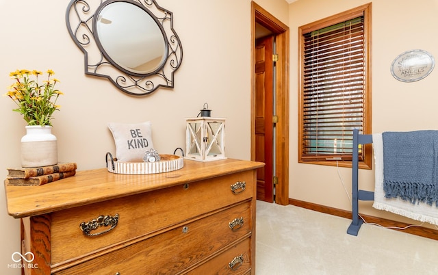 interior space featuring light colored carpet