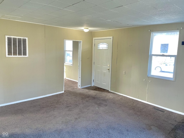 entrance foyer featuring carpet floors and wood walls