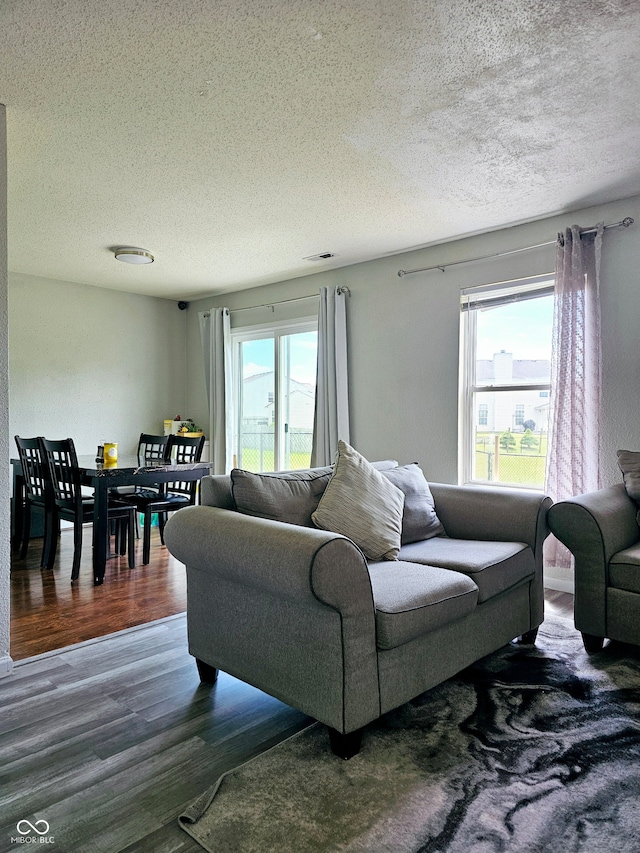 living room with a textured ceiling, a healthy amount of sunlight, and dark wood-type flooring