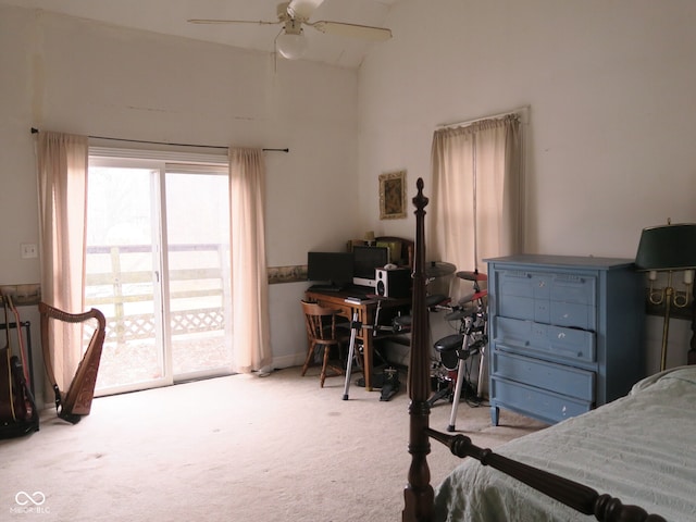 bedroom featuring light carpet, access to outside, ceiling fan, and lofted ceiling