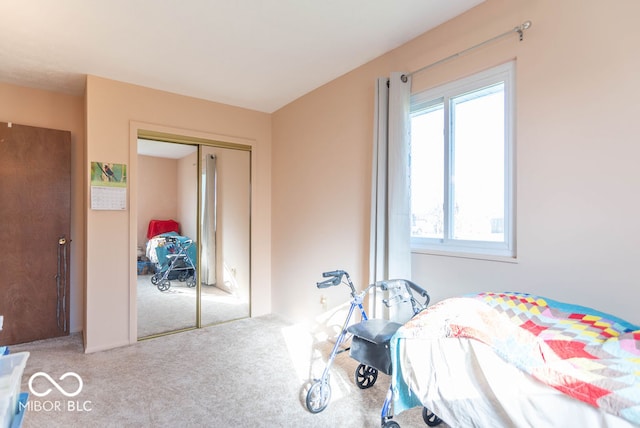 carpeted bedroom featuring a closet and multiple windows