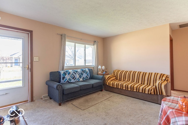 carpeted living room with a textured ceiling