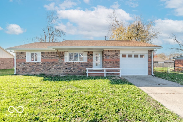 ranch-style home featuring a front yard and a garage