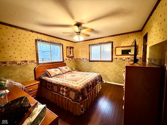 bedroom featuring a textured ceiling, multiple windows, ceiling fan, and dark hardwood / wood-style floors