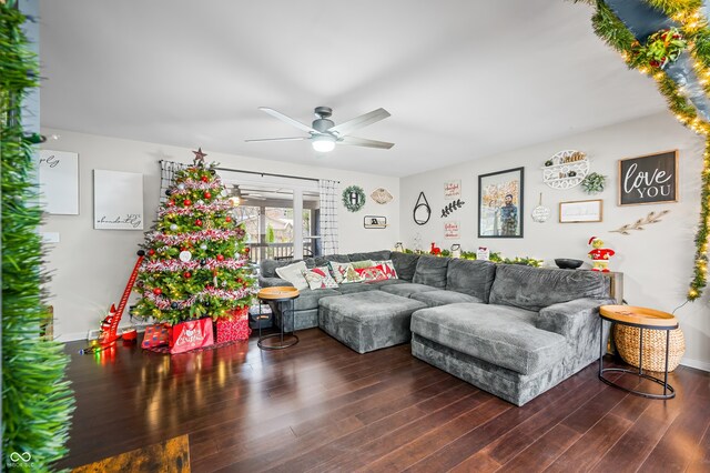 living room featuring ceiling fan and dark wood-type flooring