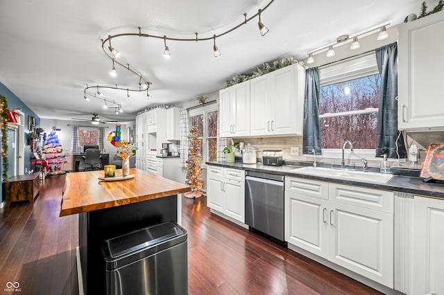 kitchen with white cabinetry, ceiling fan, dishwasher, and sink