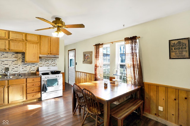 dining room featuring ceiling fan, dark hardwood / wood-style flooring, sink, and wooden walls