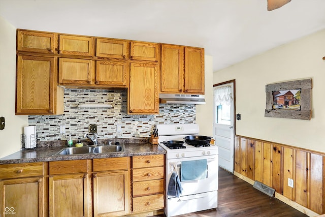 kitchen with dark hardwood / wood-style flooring, decorative backsplash, white gas stove, and sink