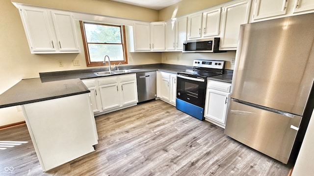 kitchen featuring white cabinets, sink, light hardwood / wood-style floors, kitchen peninsula, and stainless steel appliances