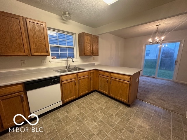 kitchen with sink, an inviting chandelier, white dishwasher, light colored carpet, and decorative light fixtures