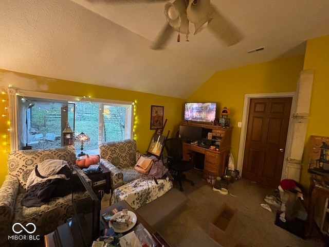 carpeted living room featuring a textured ceiling, ceiling fan, and lofted ceiling