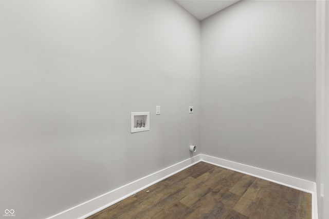 washroom with electric dryer hookup, hookup for a washing machine, and dark hardwood / wood-style flooring