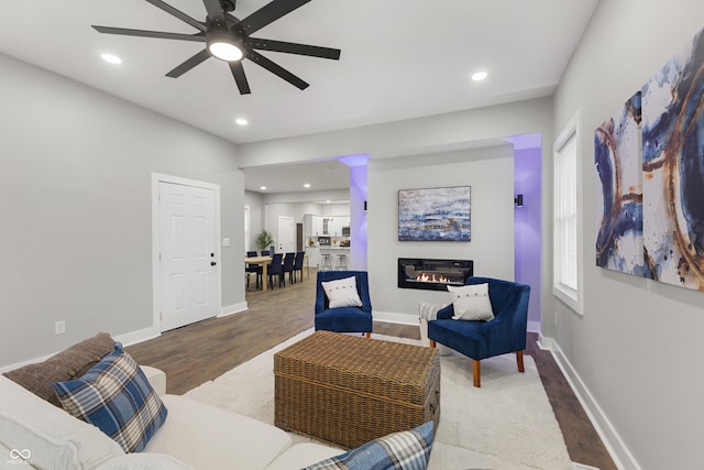 living room featuring ceiling fan and wood-type flooring