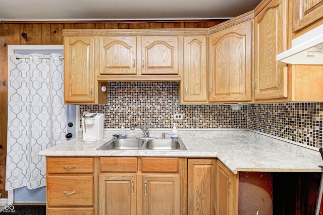 80 S Mickley Ave, Indianapolis, IN 46241 - kitchen with under cabinet range hood, light countertops, decorative backsplash, and light brown cabinetry