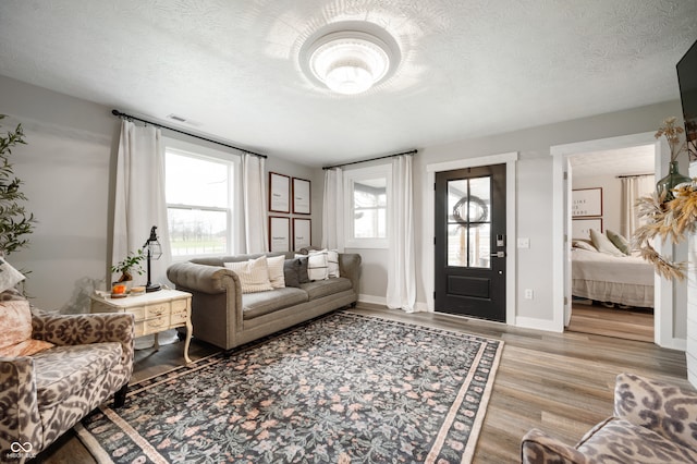 living room featuring a textured ceiling and light hardwood / wood-style flooring