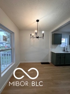 unfurnished dining area with sink, a chandelier, a textured ceiling, and hardwood / wood-style flooring