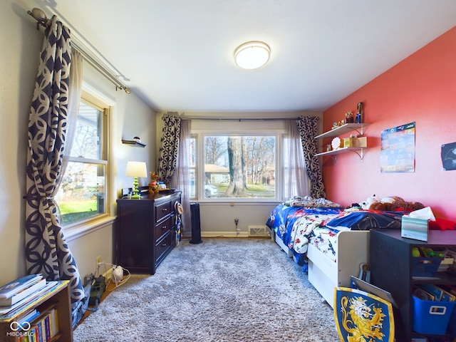 carpeted bedroom with multiple windows