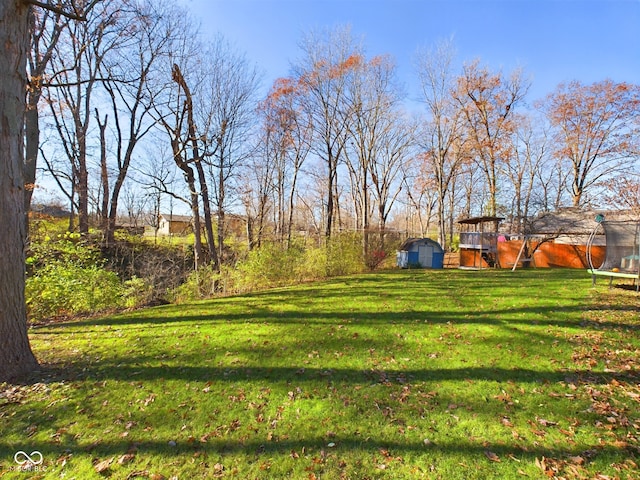 view of yard with a storage shed and a trampoline