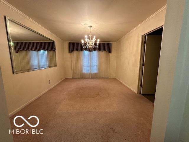 unfurnished dining area featuring crown molding, carpet floors, and a notable chandelier