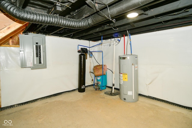 basement with electric panel and water heater