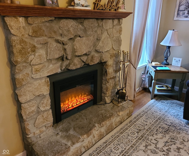 details with hardwood / wood-style flooring and a stone fireplace