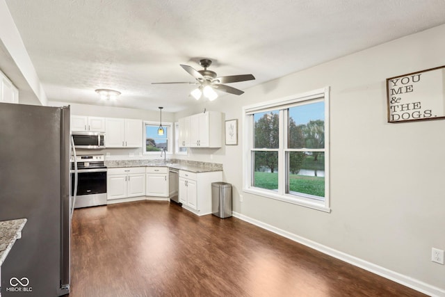 kitchen with white cabinetry, decorative light fixtures, appliances with stainless steel finishes, dark hardwood / wood-style flooring, and ceiling fan