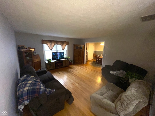 living room featuring a textured ceiling and light hardwood / wood-style flooring